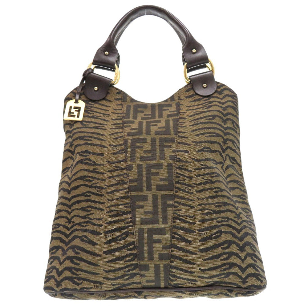 美品 フェンディ ズッカ ハンドバッグ トラ柄 タイガー キャンバス レザー ブラウン 1378【中古】FENDI