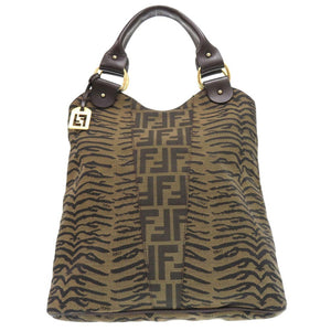 美品 フェンディ ズッカ ハンドバッグ トラ柄 タイガー キャンバス レザー ブラウン 1378【中古】FENDI