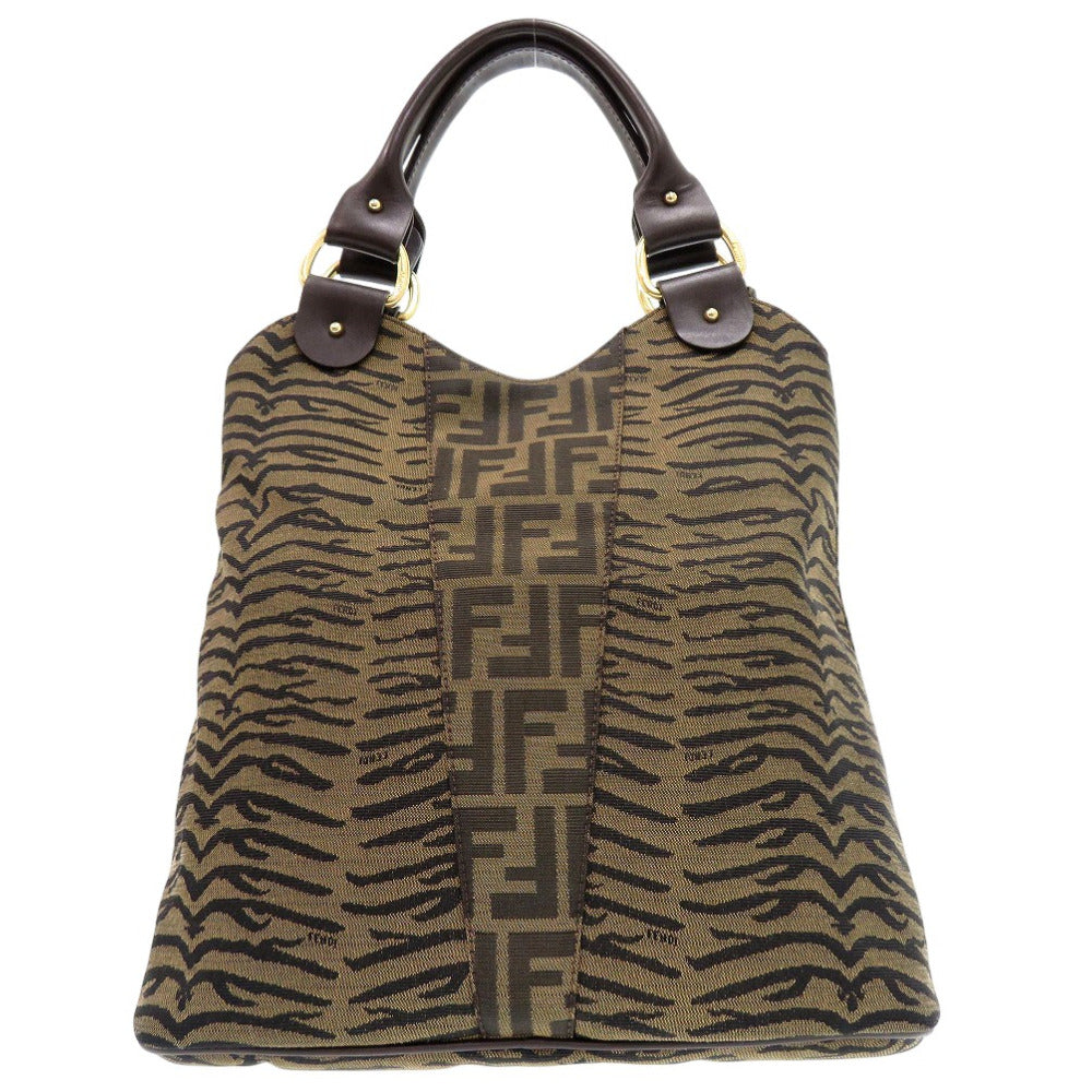 美品 フェンディ ズッカ ハンドバッグ トラ柄 タイガー キャンバス レザー ブラウン 1378【中古】FENDI