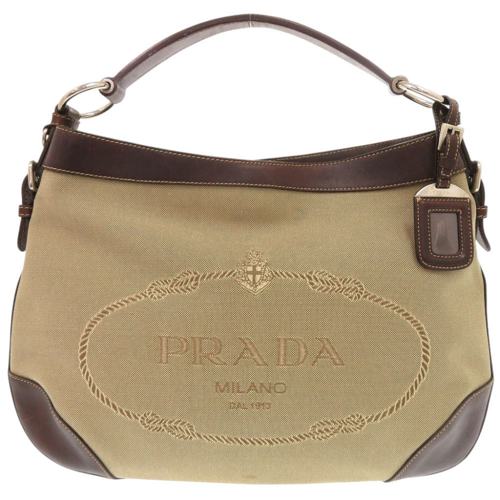 プラダ ロゴジャガード キャンバス レザー ベージュ ブラウン ワンショルダー ショルダーバッグ 1586【中古】PRADA