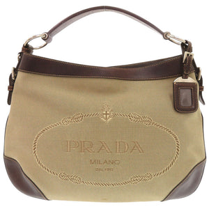 プラダ ロゴジャガード キャンバス レザー ベージュ ブラウン ワンショルダー ショルダーバッグ 1586【中古】PRADA