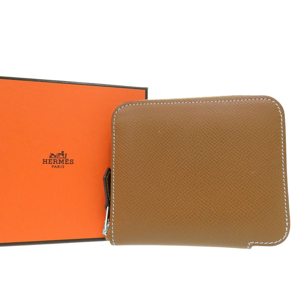 エルメス アザップコンパクト シルクイン ゴールド ラウンド財布 レザー ブラウン W刻印 1635【中古】HERMES