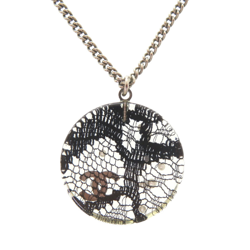 美品 シャネル ココマーク レース フェイクパール ストーン レジン ネックレス シルバー ブラック 黒 0057【中古】CHANEL