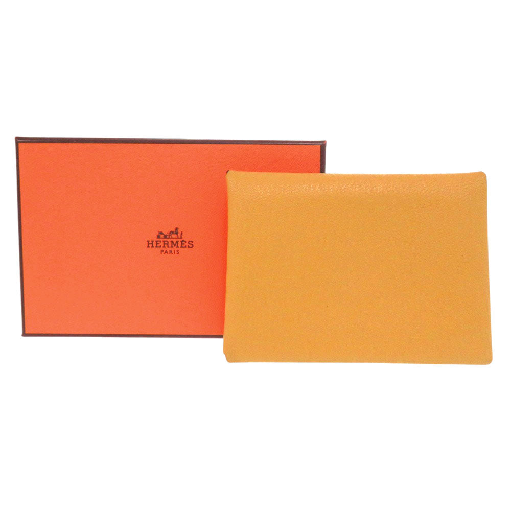美品 エルメス カルヴィ デュオ UY006TM K刻印(2025年製) シルバー金具 シェーブル フォイン イエロー 黄 コインケース 財布 0058【中古】HERMES