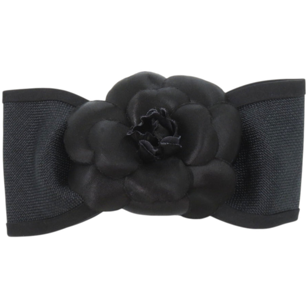 美品 シャネル リボン カメリア キャンバス サテン ブラック 黒 バレッタ 0087【中古】CHANEL