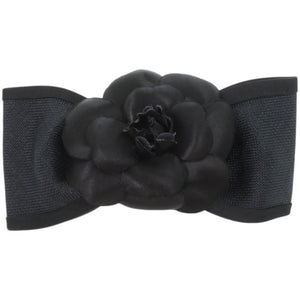 美品 シャネル リボン カメリア キャンバス サテン ブラック 黒 バレッタ 0087【中古】CHANEL