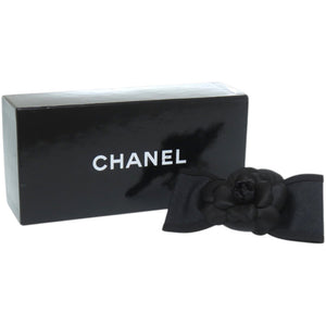 美品 シャネル リボン カメリア キャンバス サテン ブラック 黒 バレッタ 0087【中古】CHANEL