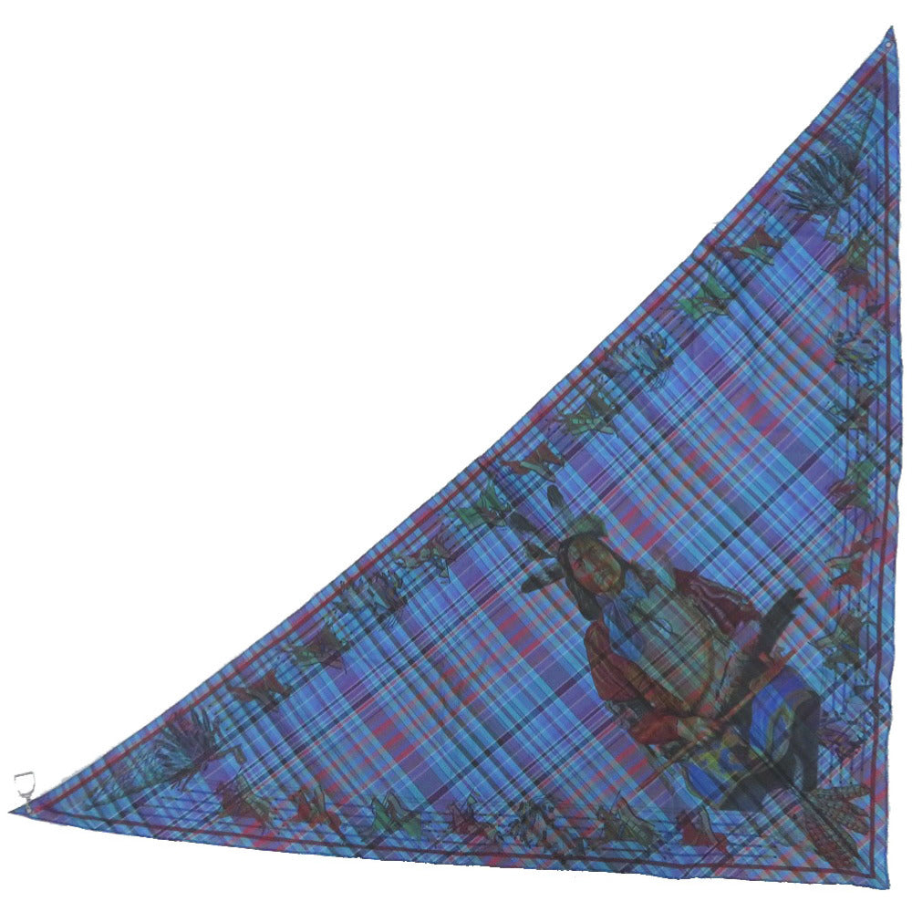 美品 エルメス マキシポワント パウニー族の首長 PANI LA SHAR PAWNEE チェック柄 シルバー金具 シルク パープル ブルー オレンジ スカーフ 0111【中古】HERMES