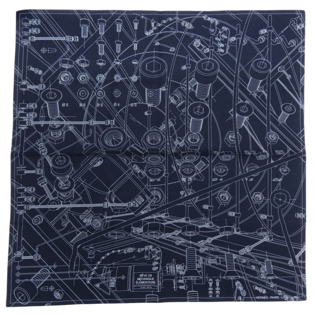 美品 エルメス カレ65 基礎力学の夢 Rêve de Mécanique Élémentaire コットン ネイビー ホワイト スカーフ 0112【中古】HERMES