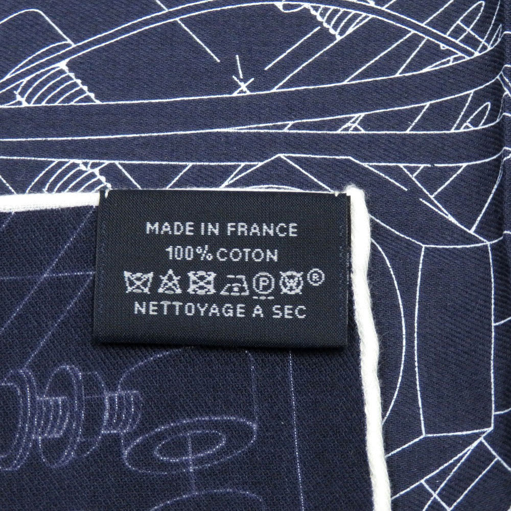 美品 エルメス カレ65 基礎力学の夢 Rêve de Mécanique Élémentaire コットン ネイビー ホワイト スカーフ 0112【中古】HERMES