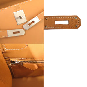 エルメス ケリー32 外縫い ヴォーシャモニー ナチュラル マットシルバー金具 □D刻印 ハンドバッグ 茶 0266 【中古】 HERMES