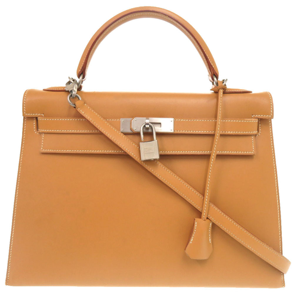 エルメス ケリー32 外縫い ヴォーシャモニー ナチュラル マットシルバー金具 □D刻印 ハンドバッグ 茶 0266 【中古】 HERMES