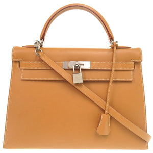 エルメス ケリー32 外縫い ヴォーシャモニー ナチュラル マットシルバー金具 □D刻印 ハンドバッグ 茶 0266 【中古】 HERMES