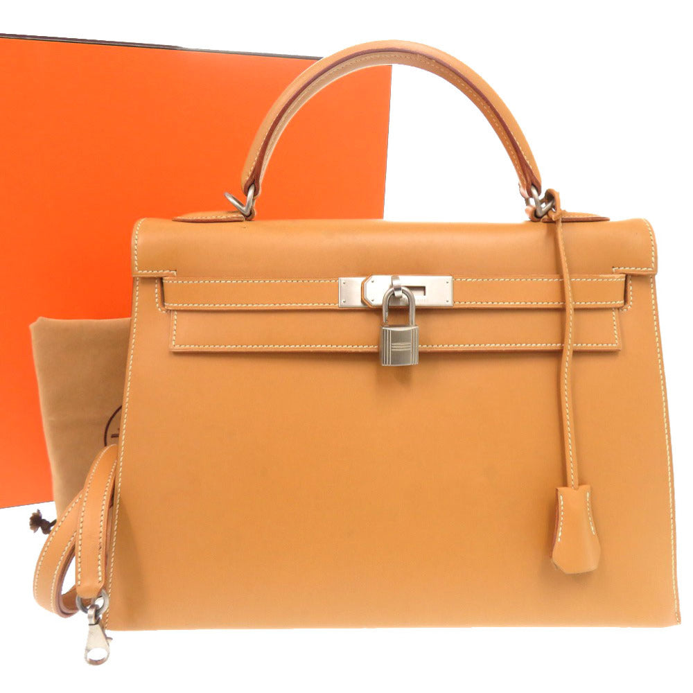 エルメス ケリー32 外縫い ヴォーシャモニー ナチュラル マットシルバー金具 □D刻印 ハンドバッグ 茶 0266 【中古】 HERMES