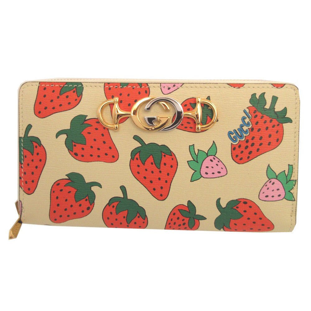 美品 グッチ ズゥミ ストロベリー 570661 レザー アイボリー ラウンドファスナー長財布 財布 0337【中古】GUCCI