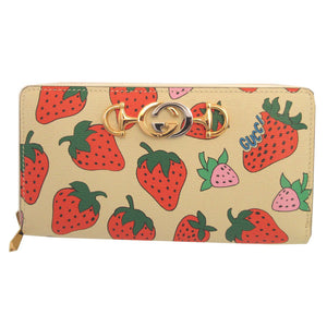 美品 グッチ ズゥミ ストロベリー 570661 レザー アイボリー ラウンドファスナー長財布 財布 0337【中古】GUCCI