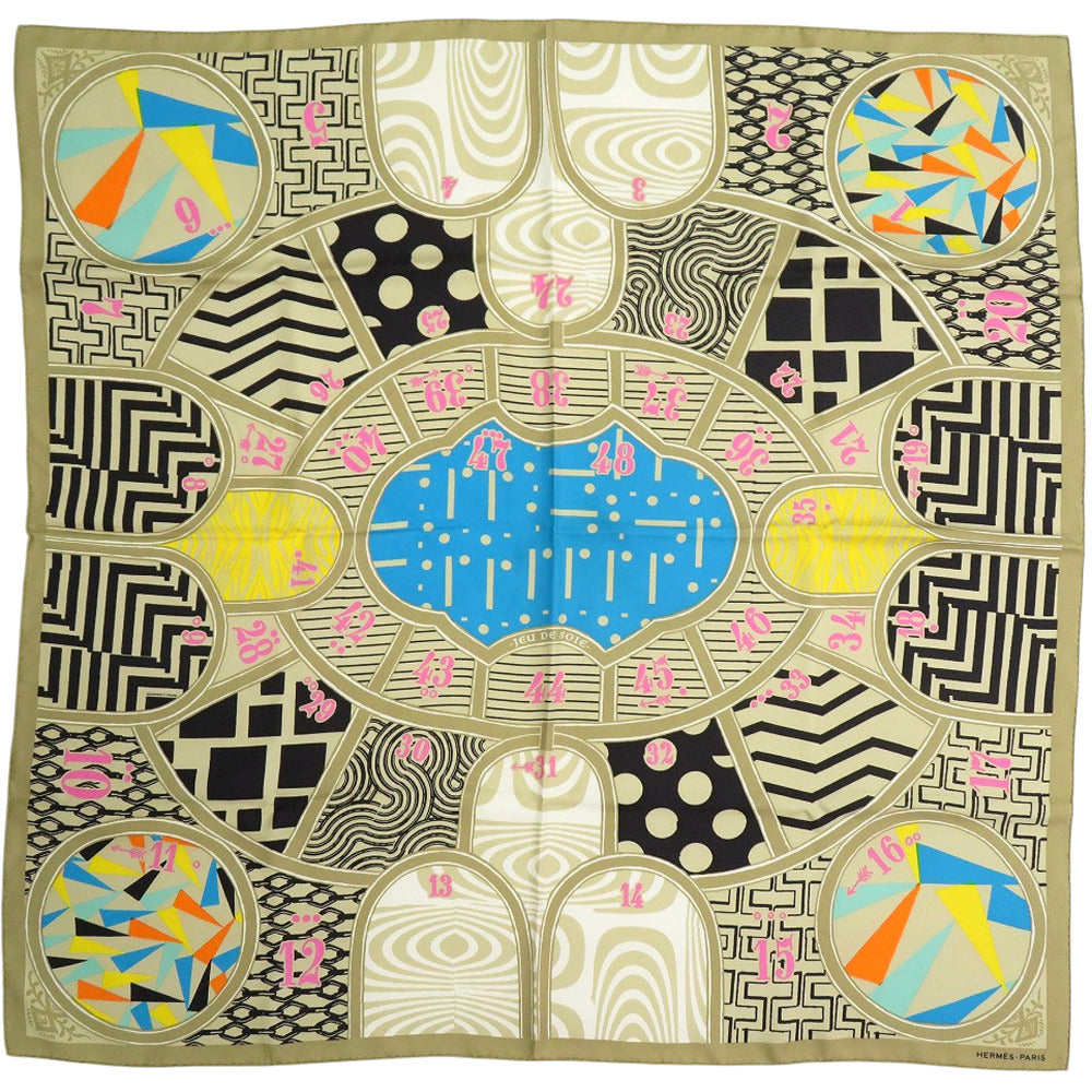 美品 エルメス カレ90 Jeu de Soie シルク ゲーム スカーフ ベージュ 0339【中古】HERMES