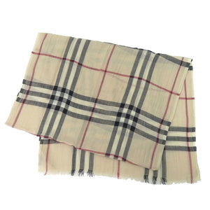 美品 バーバリー チェックストール ウール シルク ベージュ ブラック レッド スカーフ 0350【中古】BURBERRY