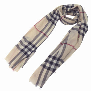 美品 バーバリー チェックストール ウール シルク ベージュ ブラック レッド スカーフ 0350【中古】BURBERRY