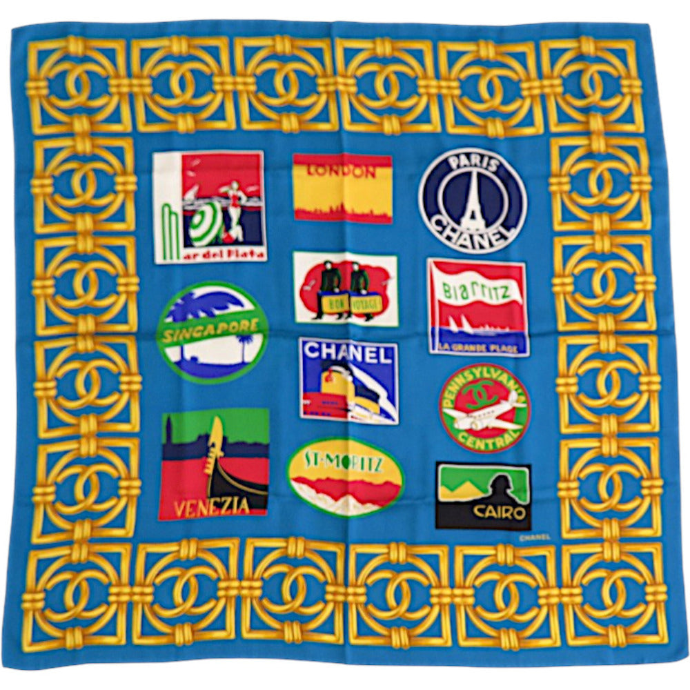 美品 シャネル VON VOYAGE シルク ブルー 青 スカーフ 0359【中古】CHANEL