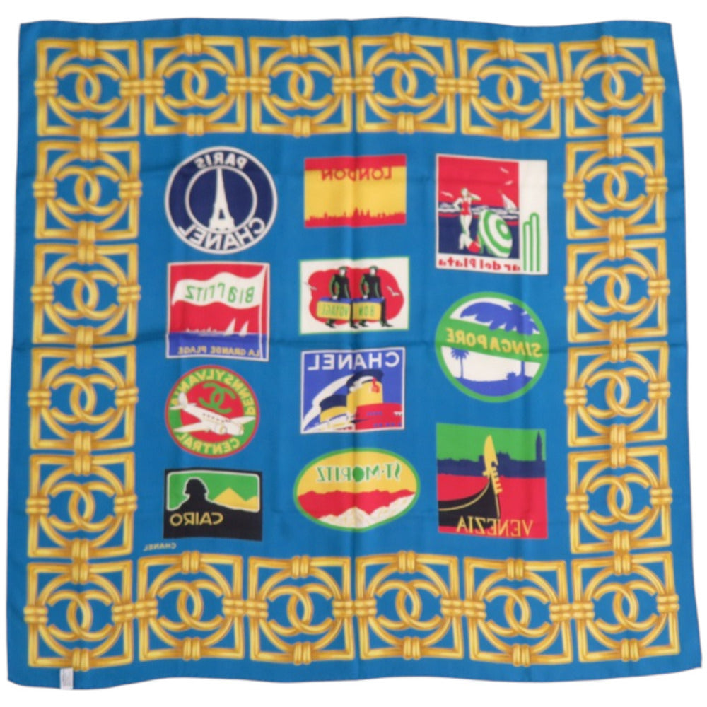 美品 シャネル VON VOYAGE シルク ブルー 青 スカーフ 0359【中古】CHANEL