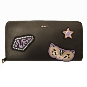 未使用 フルラ 猫 キャット レザー ブラック 黒 ラウンドファスナー長財布 財布 0375【中古】FURLA
