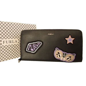 未使用 フルラ 猫 キャット レザー ブラック 黒 ラウンドファスナー長財布 財布 0375【中古】FURLA