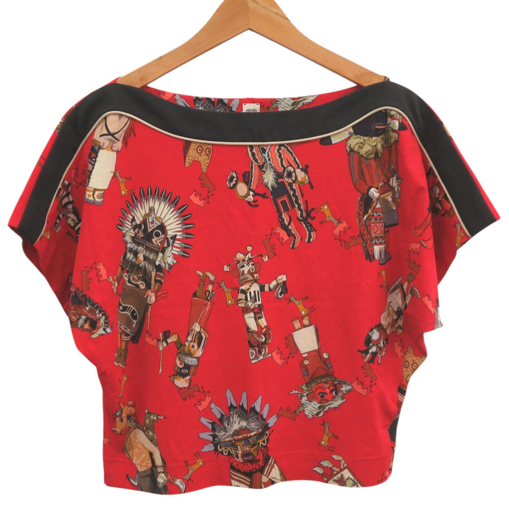 美品 エルメス カチナ Kachinas ボートネック ラグランスリーブ サイズ38 コットン レッド ブラック ブラウン 半袖Ｔシャツ 0396【中古】HERMES