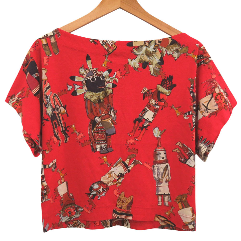 美品 エルメス カチナ Kachinas ボートネック ラグランスリーブ サイズ38 コットン レッド ブラック ブラウン 半袖Ｔシャツ 0396【中古】HERMES