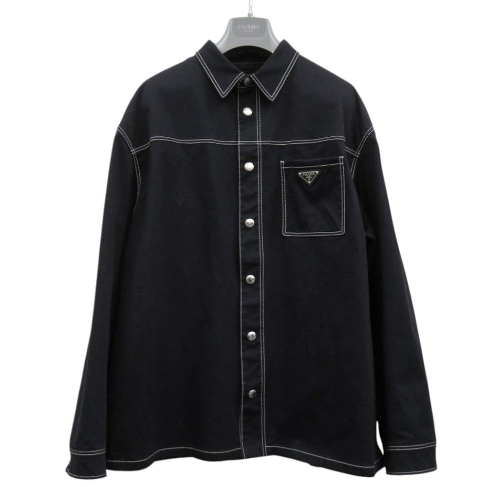 美品 プラダ ストレッチシャツジャケット SC696 ブラック コットン 黒 サイズL メンズ 0436【中古】PRADA