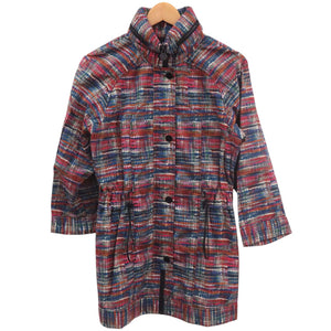 美品 シャネル ココボタン ヴィンテージ ツイード レインコート ウエストドローコード P48057V35794 サイズ34 コットン ポリウレタン ブルー レッド オレンジ アウター 0504【中古】CHANEL