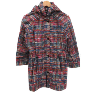 美品 シャネル ココボタン ヴィンテージ ツイード レインコート ウエストドローコード P48057V35794 サイズ34 コットン ポリウレタン ブルー レッド オレンジ アウター 0504【中古】CHANEL