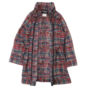 美品 シャネル ココボタン ヴィンテージ ツイード レインコート ウエストドローコード P48057V35794 サイズ34 コットン ポリウレタン ブルー レッド オレンジ アウター 0504【中古】CHANEL