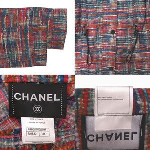 美品 シャネル ココボタン ヴィンテージ ツイード レインコート ウエストドローコード P48057V35794 サイズ34 コットン ポリウレタン ブルー レッド オレンジ アウター 0504【中古】CHANEL