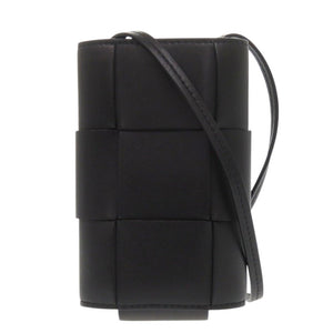 美品 ボッテガヴェネタ マキシイントレチャート 742575 フォンケース レザー ブラック スマホ ショルダーバッグ 黒 0531【中古】BOTTEGAVENETA