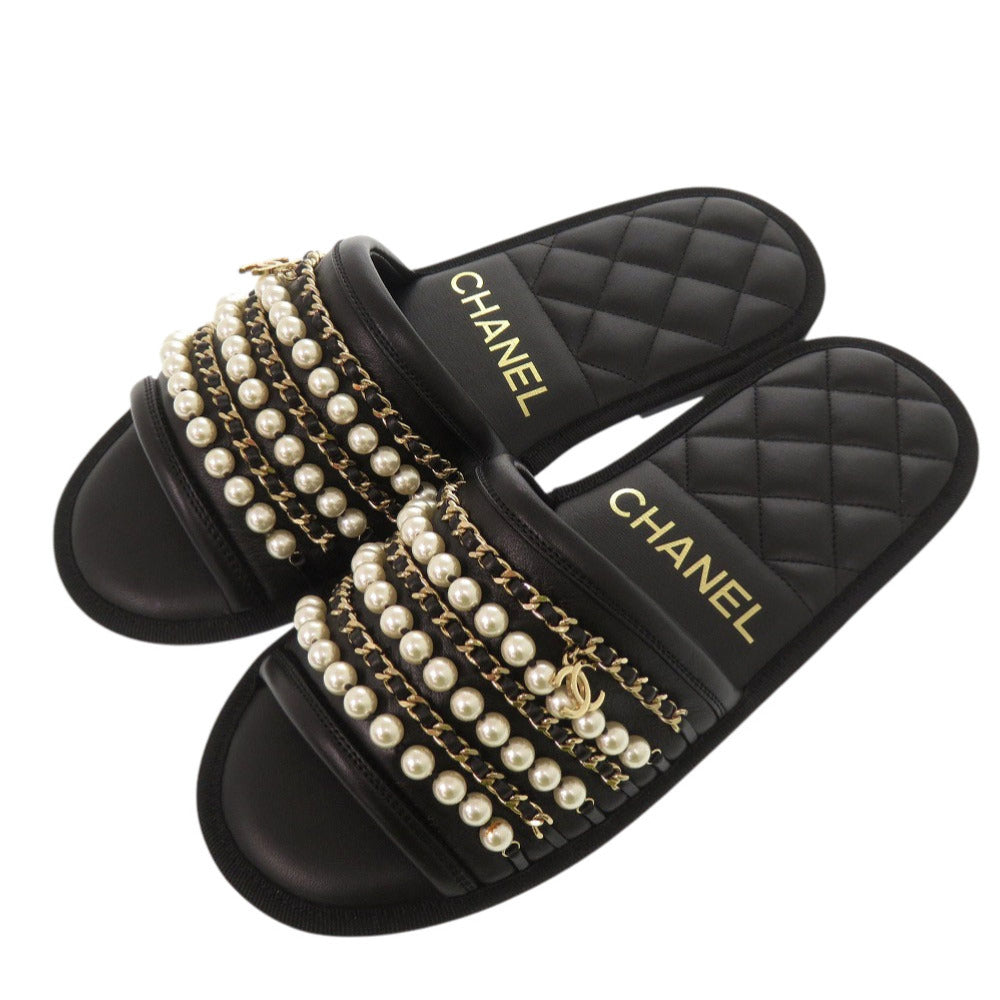 未使用品 シャネル ココマーク チェーン付き フラットサンダル G36005 XSサイズ ゴールド金具 レザー フェイクパール ブラック 黒 0577【中古】CHANEL