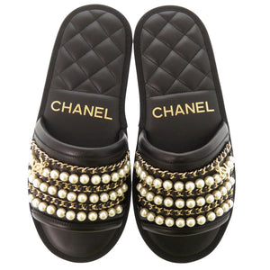 未使用品 シャネル ココマーク チェーン付き フラットサンダル G36005 XSサイズ ゴールド金具 レザー フェイクパール ブラック 黒 0577【中古】CHANEL