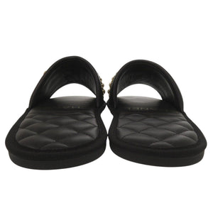 未使用品 シャネル ココマーク チェーン付き フラットサンダル G36005 XSサイズ ゴールド金具 レザー フェイクパール ブラック 黒 0577【中古】CHANEL