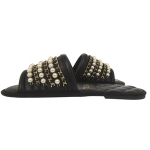 未使用品 シャネル ココマーク チェーン付き フラットサンダル G36005 XSサイズ ゴールド金具 レザー フェイクパール ブラック 黒 0577【中古】CHANEL