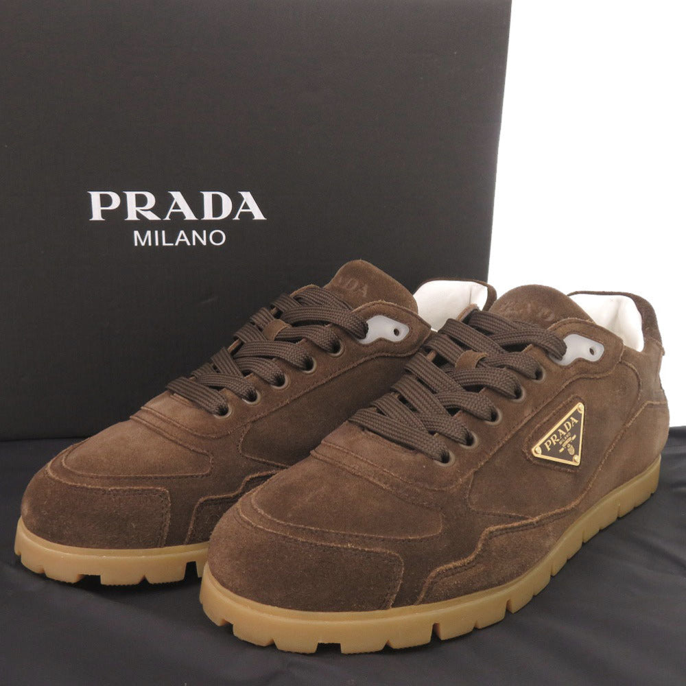 美品 プラダ トライアングルロゴ サイズ7 1/2 スエード ブラウン スニーカー 茶 0602【中古】PRADA メンズ