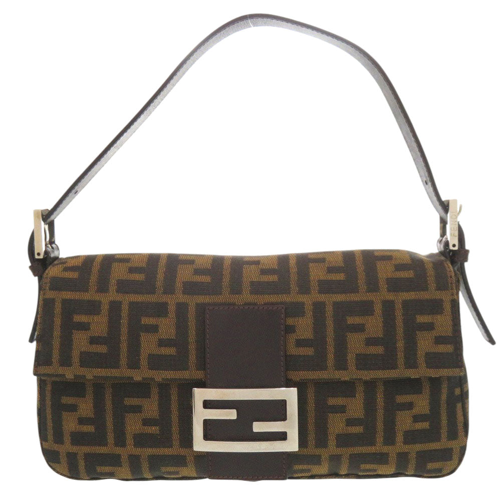 美品 フェンディ ズッカ柄 マンマバケット 2305 26424 レザー ナイロンジャガード ブラウン シルバー金具 ハンドバッグ 茶 0609【中古】FENDI