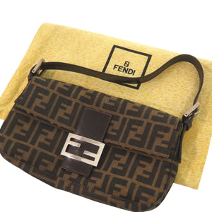 美品 フェンディ ズッカ柄 マンマバケット 2305 26424 レザー ナイロンジャガード ブラウン シルバー金具 ハンドバッグ 茶 0609【中古】FENDI