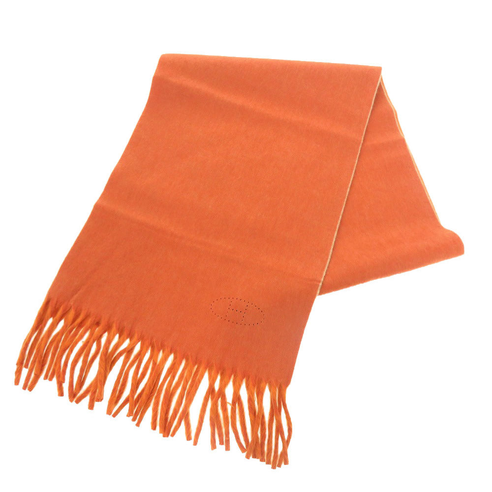 新品同様 エルメス ロゴ カシミヤ オレンジ マフラー 0784【中古】HERMES