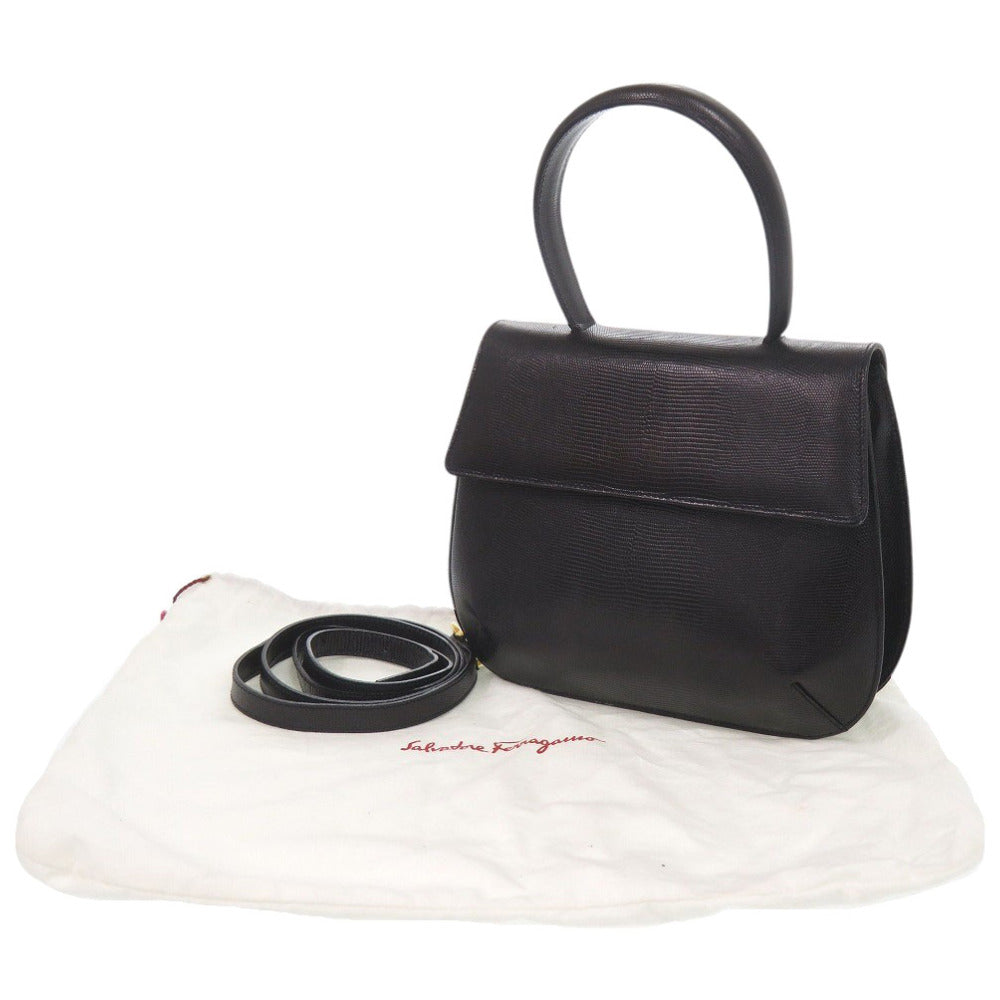サルヴァトーレフェラガモ 2WAY AQ-216191 型押しレザー ブラック ハンドバッグ 黒 0814【中古】Salvatore Ferragamo