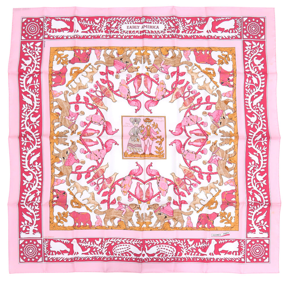 美品 エルメス カレ90 EARLY AMERICA 古き良きアメリカ シルク ストール ピンク 0831【中古】HERMES