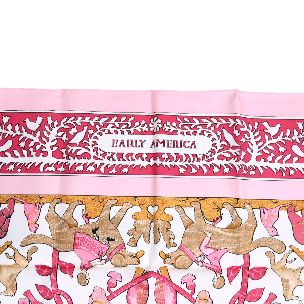 美品 エルメス カレ90 EARLY AMERICA 古き良きアメリカ シルク ストール ピンク 0831【中古】HERMES