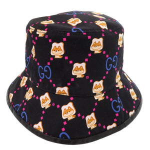 新品同様 グッチ Pikarar Kawaii バゲットハット 7369604HAX2 M 58cm 柴犬 食パン コットン レザー ブラック ピンク 帽子 0848 【中古】 GUCCI