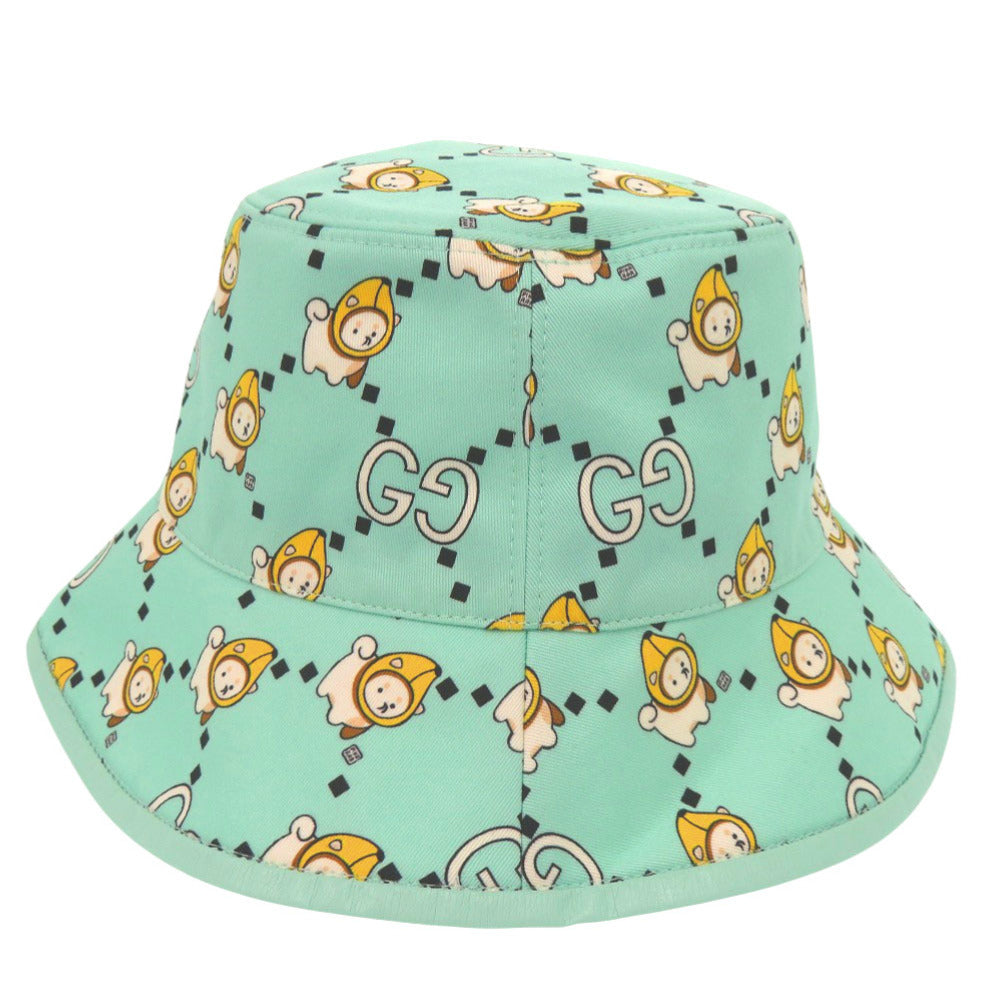 新品同様 グッチ Kawaii printed バケットハット 736960 4HAX3 柴犬 バナナ XSサイズ コットン レザー ミントグリーン 帽子 0849【中古】GUCCI