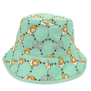 新品同様 グッチ Kawaii printed バケットハット 736960 4HAX3 柴犬 バナナ XSサイズ コットン レザー ミントグリーン 帽子 0849【中古】GUCCI