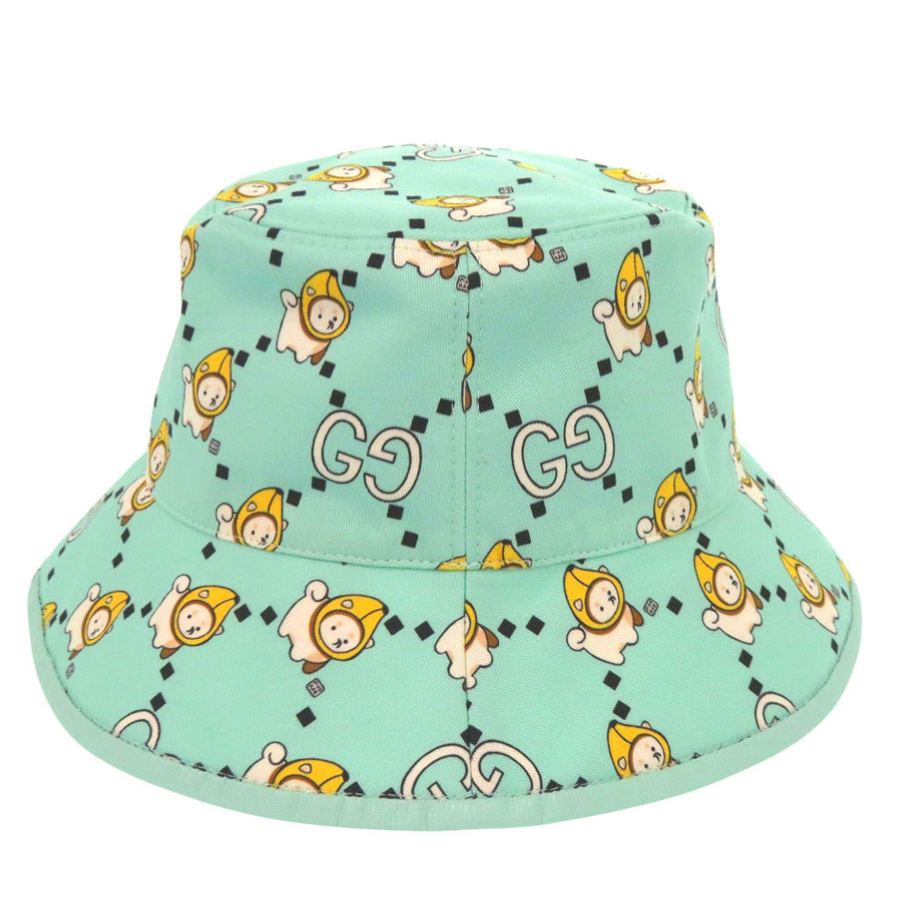 新品同様 グッチ Kawaii printed バケットハット 736960 4HAX3 柴犬 バナナ XSサイズ コットン レザー ミントグリーン 帽子 0849【中古】GUCCI
